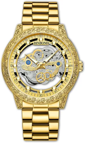 Design Stainless Steel Band Quartz Wristwatch Not Mechanical Watches cartilage luster Men's Luxury Hollow Skeleton Watch Retro Carving 