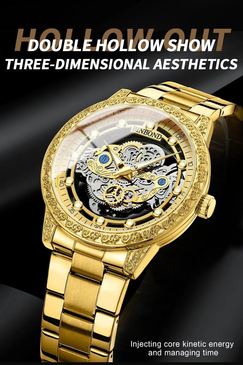 Design Stainless Steel Band Quartz Wristwatch Not Mechanical Watches cartilage luster Men's Luxury Hollow Skeleton Watch Retro Carving 