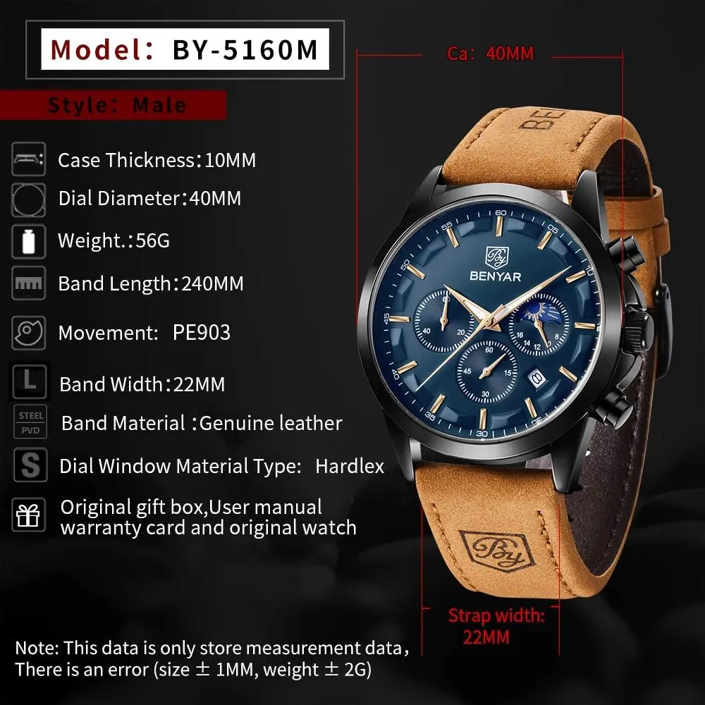 Designer Dress Men's Wrist Watches with Calendar, Luminous Hand Watch for Men BENYAR AKNIGHT Mens Watches 45mm Big Face Waterproof Analog Quartz Chronograph Business Work delectable enroll inferior Sport Casual Fashion 