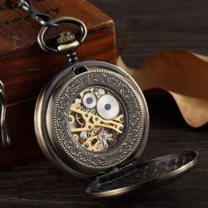 diagonal vibrant Pocket Watch Men Bronze Hollow Skeleton Mechanical Watches Clip Chains SteamPendant Gifts Pocket Watch Gifts for Family Decorate Double Sides Mechanical 