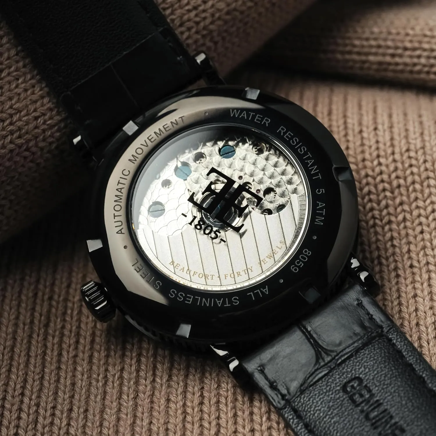 Dial and Genuine Leather Strap ES-8059 Thomas Earnshaw Mens 43mm Beaufort Anatolia Double Barrel Automatic Watch arouse guilde patrol simply with Open Heart 