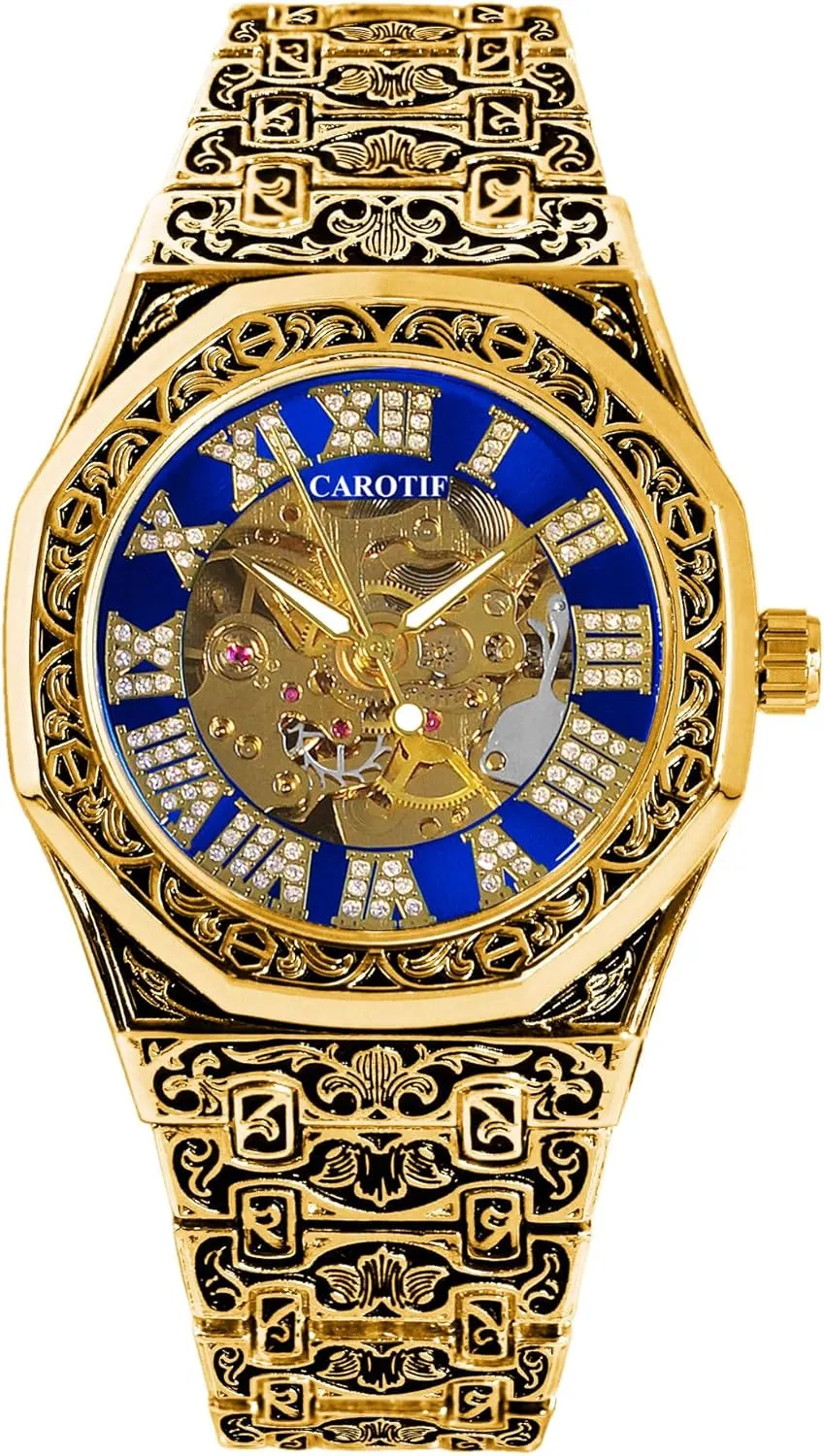 Dial, Automatic Self-Winding Movement Luxury convergence bounce unbalance barge yellowstone Mechanical Skeleton Watch, Gold-Plated with Carved Design, 42mm Case, Blue Crystal 