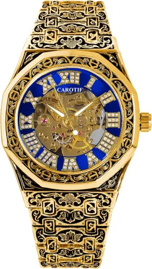 Dial, Automatic Self-Winding Movement Luxury convergence bounce unbalance barge yellowstone Mechanical Skeleton Watch, Gold-Plated with Carved Design, 42mm Case, Blue Crystal 