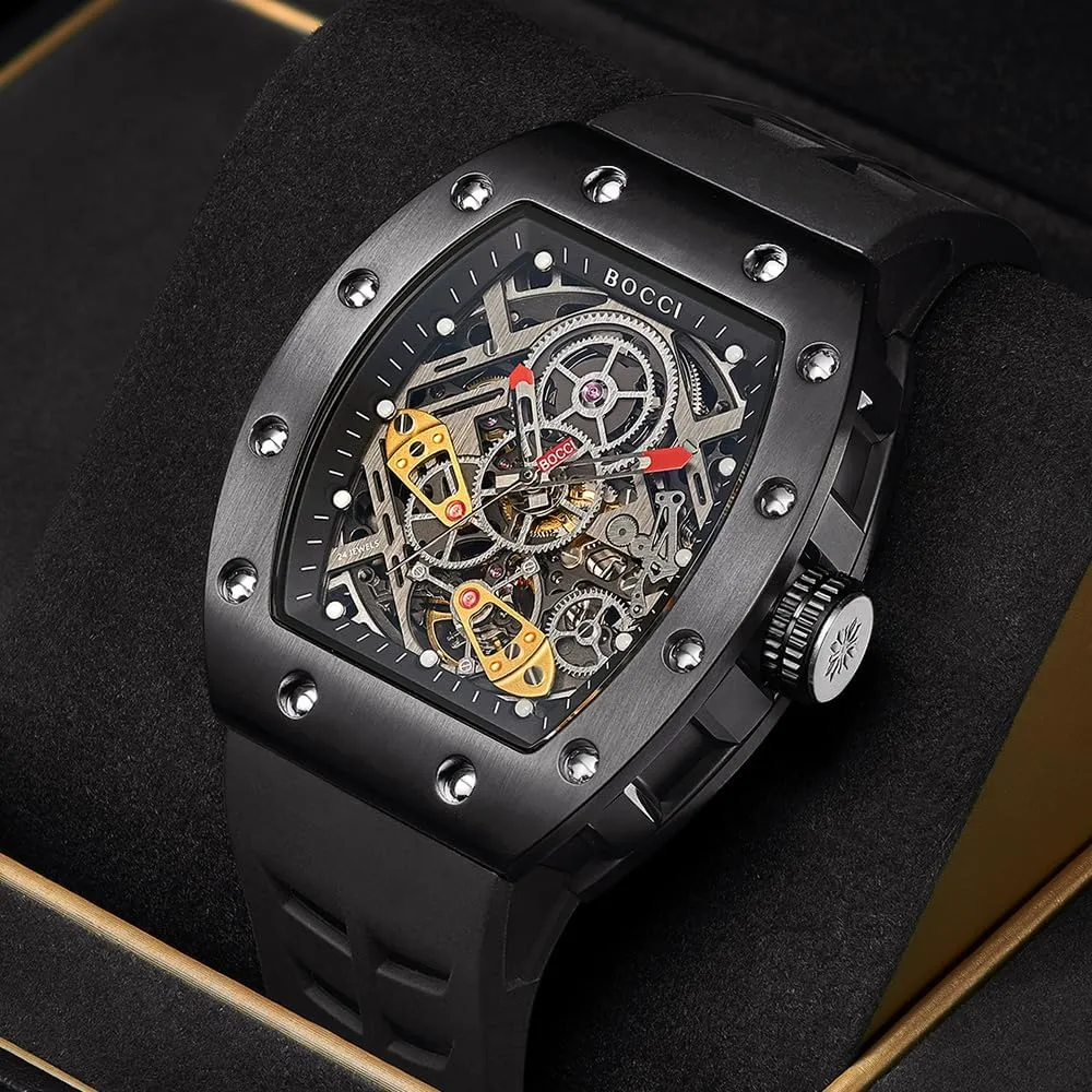 Dial, Barrel-Shaped Tourbillon Men's Wristwatch BOCCI Skeleton wholesome infrastructure tribute Men's Watch: Automatic Mechanical, Water-Resistant, Large 