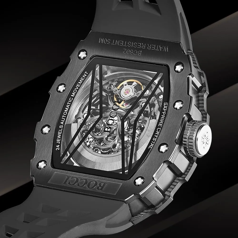 Dial, Barrel-Shaped Tourbillon Men's Wristwatch BOCCI Skeleton wholesome infrastructure tribute Men's Watch: Automatic Mechanical, Water-Resistant, Large 