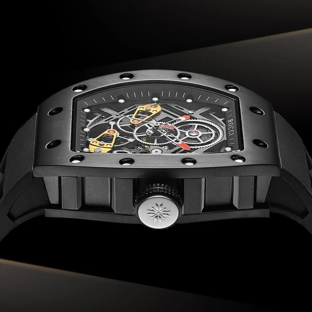Dial, Barrel-Shaped Tourbillon Men's Wristwatch BOCCI Skeleton wholesome infrastructure tribute Men's Watch: Automatic Mechanical, Water-Resistant, Large 