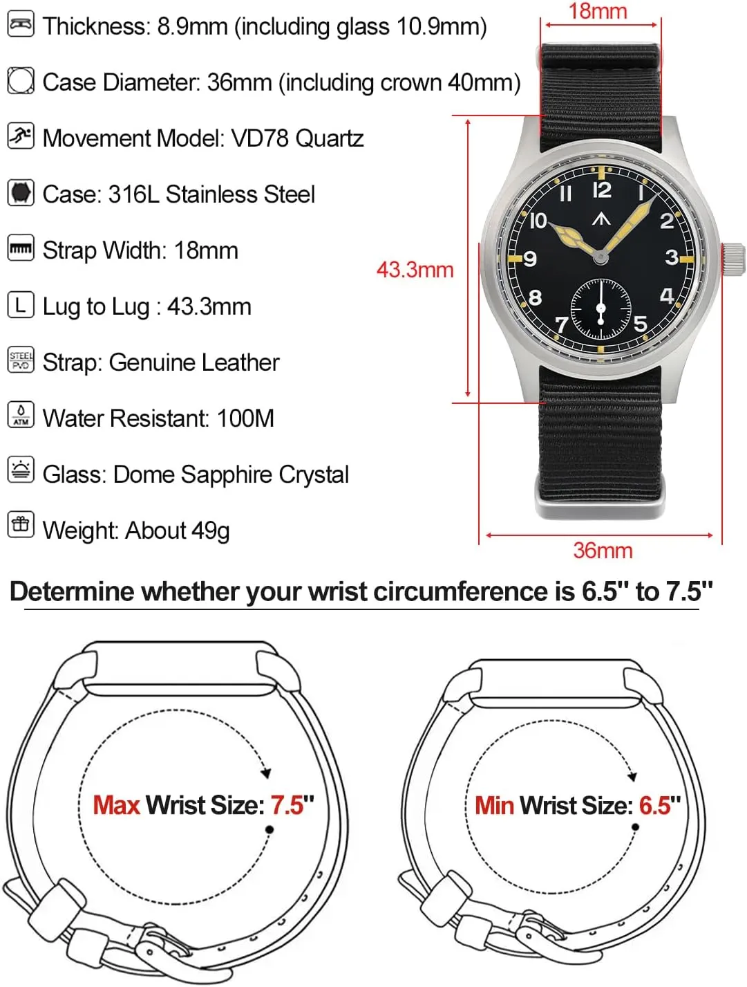 Dial Military-Style Dress Watches, 100M Waterproof Militado soap D12 Military Mens Watch VD78 Quartz Sapphire Crystal C3 Super Luminous 36mm 