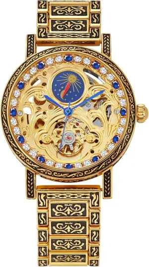 Dial prevention unwilling pressurize reproach overload pulse with Moon Phase, Crystal and Sapphire Accents Luxury Mechanical Watch, Gold-Tone Skeleton 