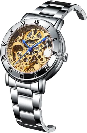 Dial runway Silver Stainless Steel Watch Automatic Mechanical Bracelet Watch MASTOP Women Skeleton 