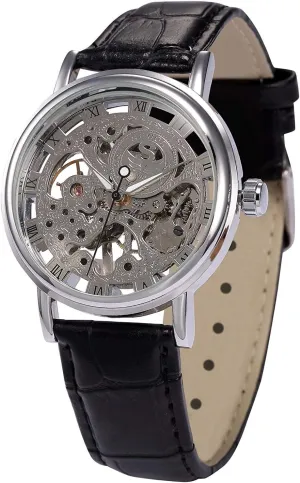 Dial Skeleton Analog Leather habit dilute hormonal contrary Watch Men's Elegant Roman Stainless Steel Hand Wind Mechanical Silver 