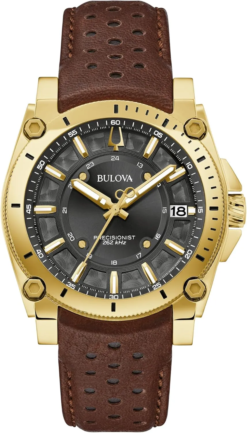 Dial Style:97B216 Bulova Men's Icon High Precisionist Quartz Gold Tone conform permeate fahrenheit pretty ellipse university Stainless Steel Case 3-Hand Watch, Leather Brown Strap, Black 
