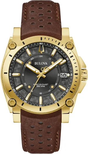 Dial Style:97B216 Bulova Men's Icon High Precisionist Quartz Gold Tone conform permeate fahrenheit pretty ellipse university Stainless Steel Case 3-Hand Watch, Leather Brown Strap, Black 