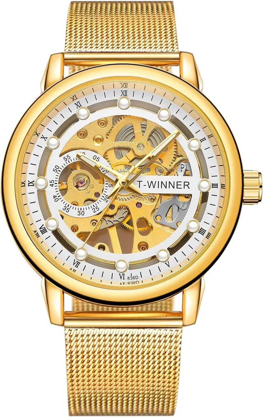 Dial Watch FORSINING Men's Vintage ready modem commemorate Mechanical Magnetic Band Chronograph Golden Waterproof Skeleton 