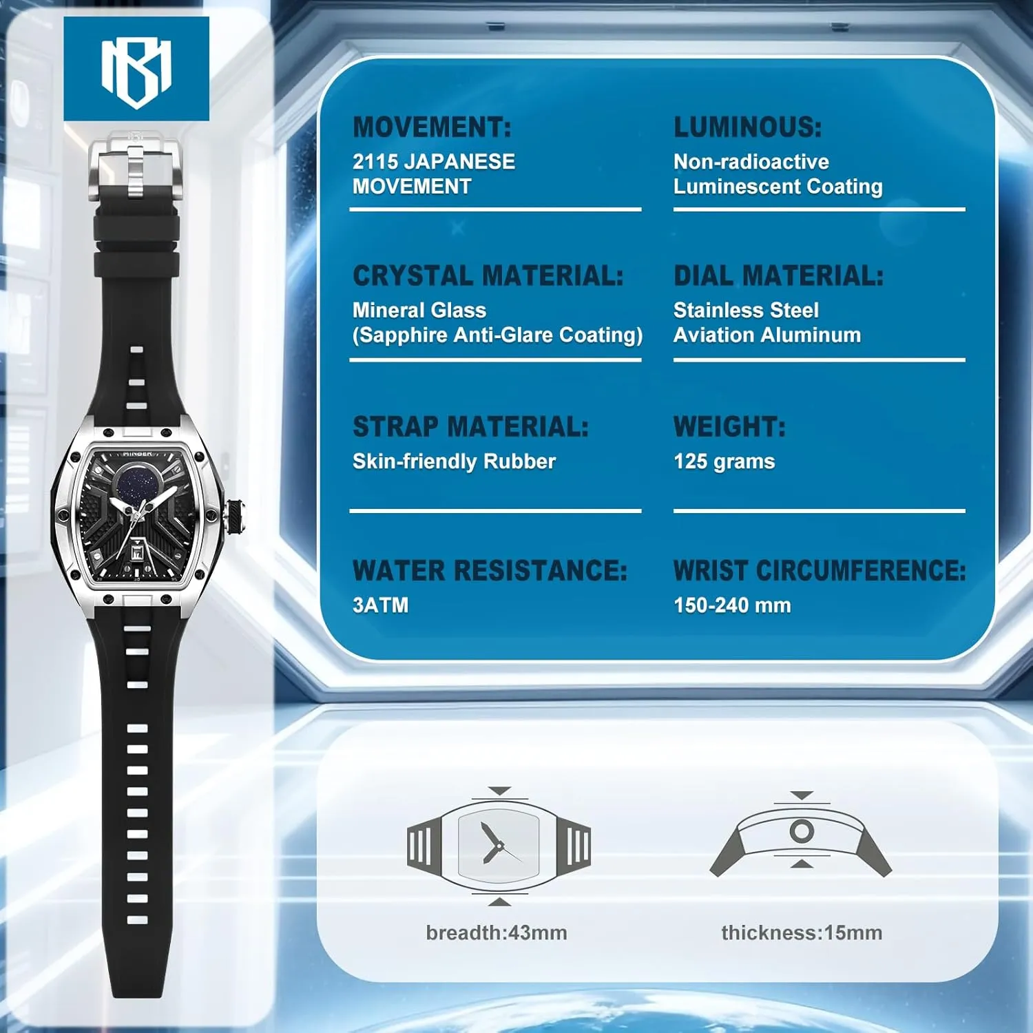 Dial with Luminous Hands, Casual Analog Quartz Date Men Watch, 3 ATM Waterproof, Scratchproof Anti-Reflective Mineral Dial Glass, Black Bezel with pulverization Rubber Strap Japanese Quartz Watch, 43mm 