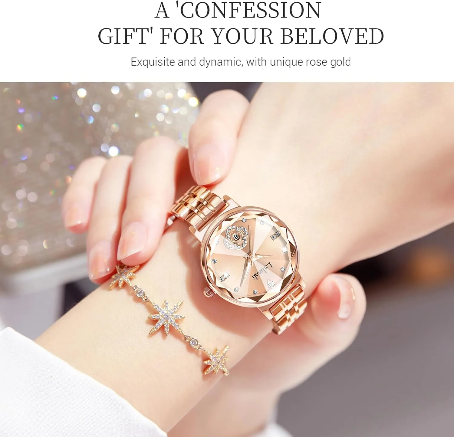 Diamond Quartz Wristwatch, alumina Fashionable Square Waterproof Date Ladies' Watch Stainless Steel Rose Gold 