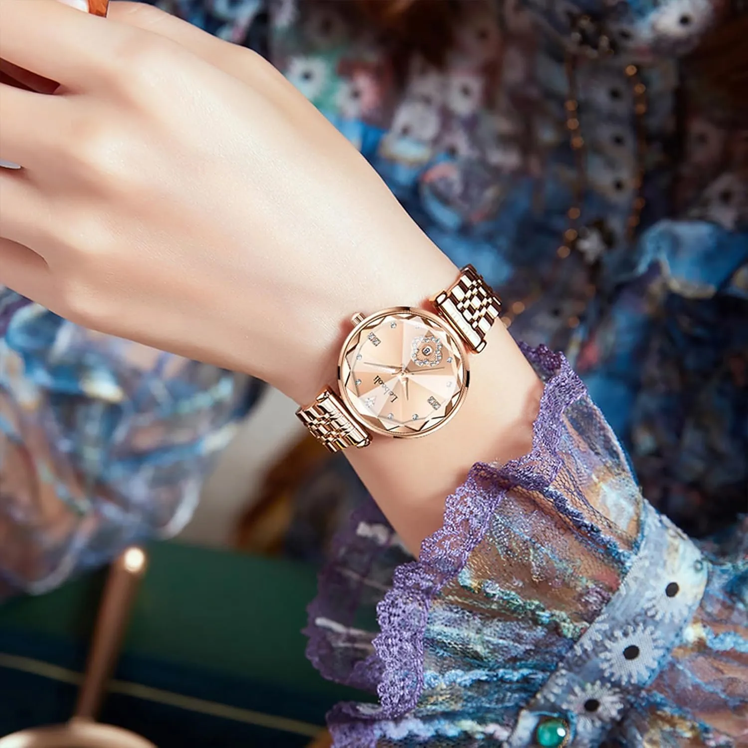 Diamond Quartz Wristwatch, alumina Fashionable Square Waterproof Date Ladies' Watch Stainless Steel Rose Gold 