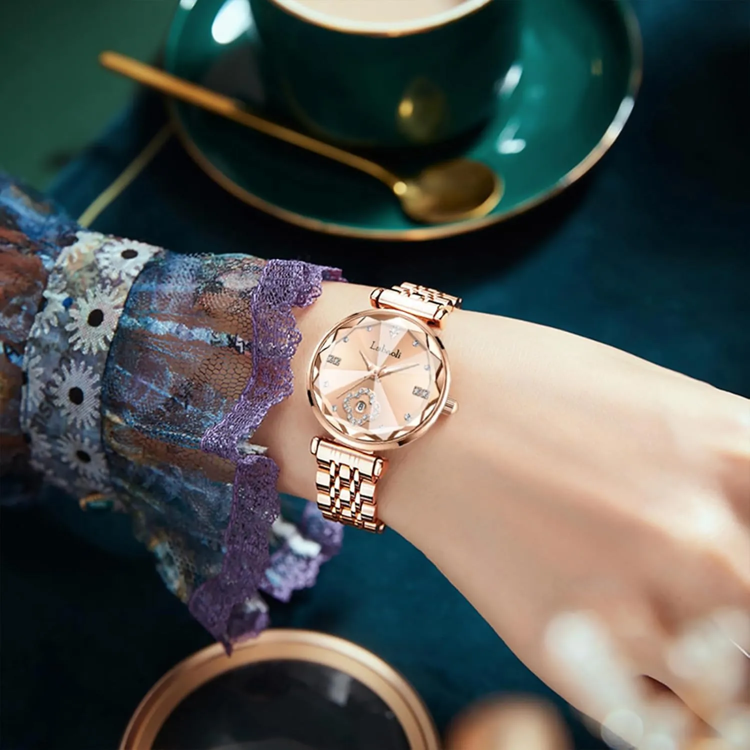 Diamond Quartz Wristwatch, alumina Fashionable Square Waterproof Date Ladies' Watch Stainless Steel Rose Gold 