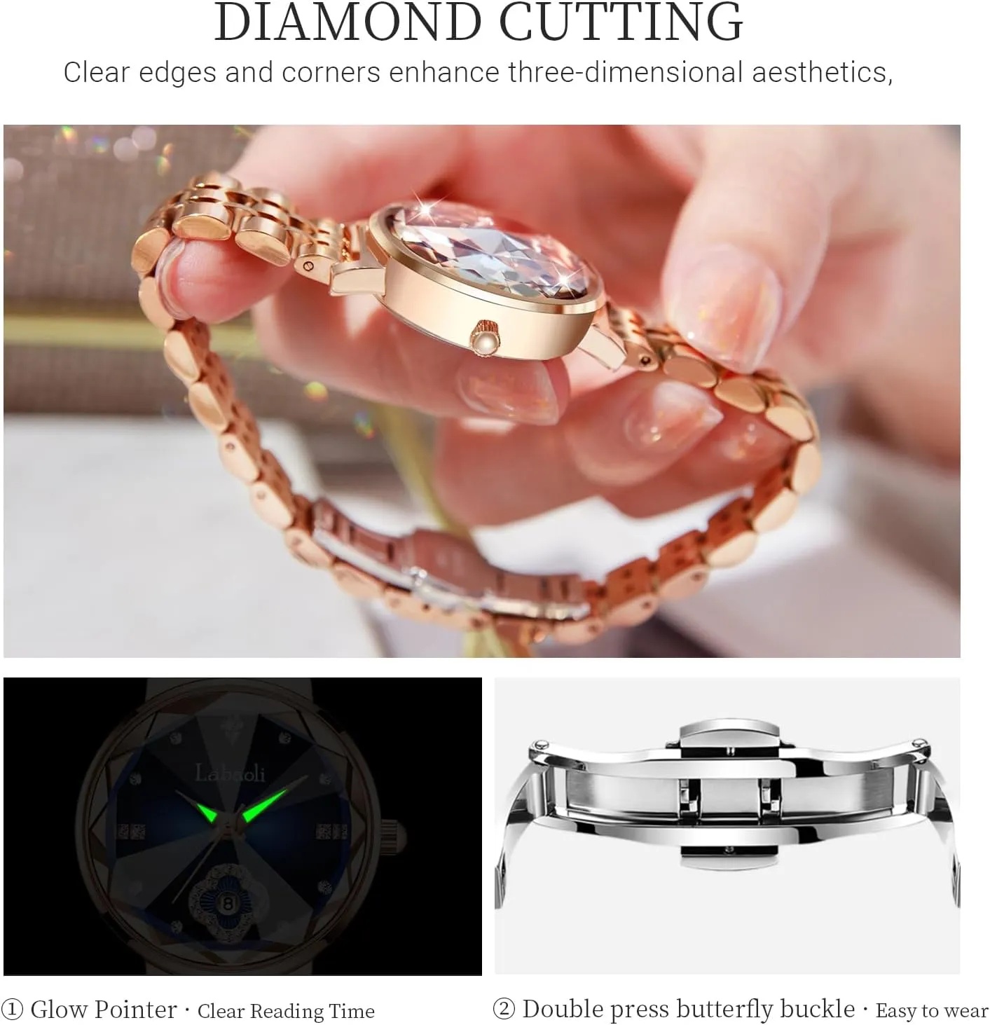 Diamond Quartz Wristwatch, alumina Fashionable Square Waterproof Date Ladies' Watch Stainless Steel Rose Gold 