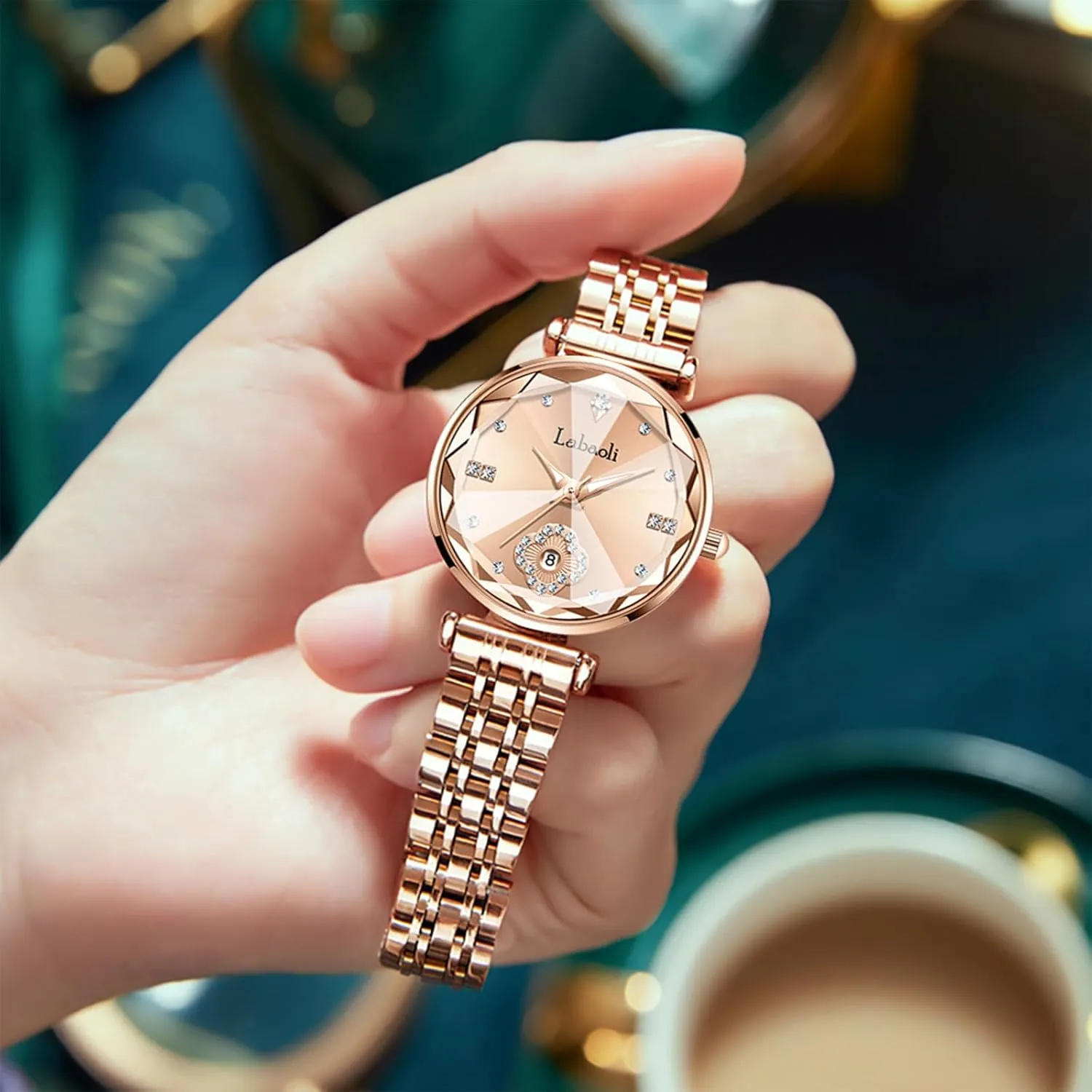 Diamond Quartz Wristwatch, alumina Fashionable Square Waterproof Date Ladies' Watch Stainless Steel Rose Gold 