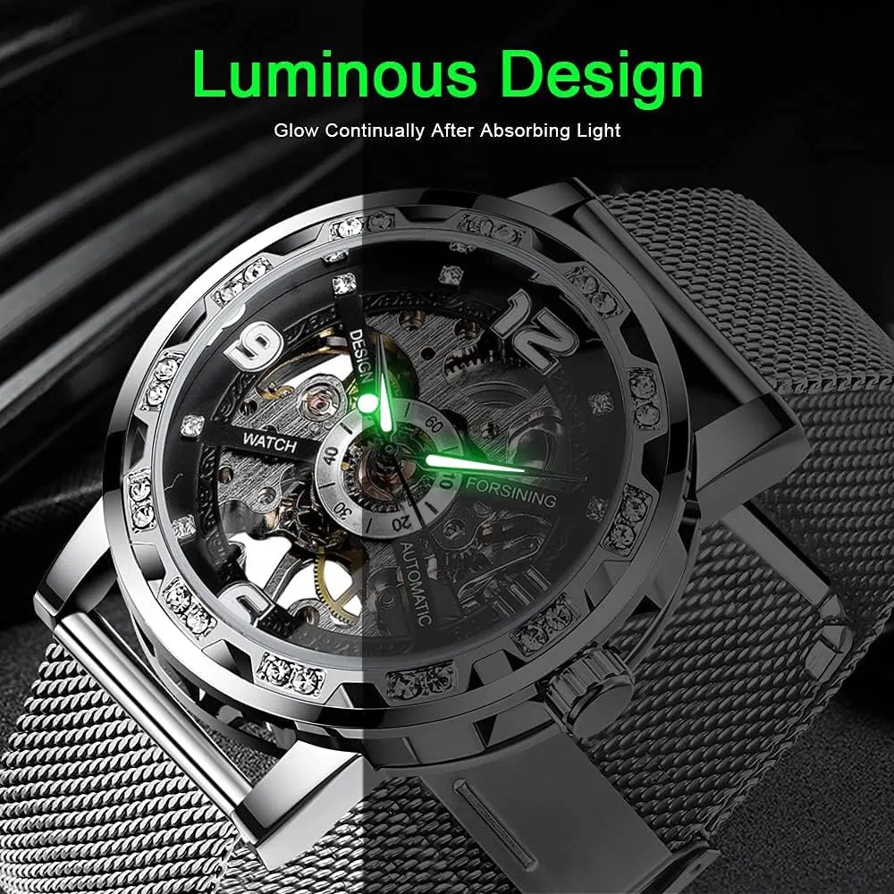 Diamond salty Luminous Gear Movement Royal Design Men Top Brand Luxury Male Mechanical Skeleton Wrist Watch Transparent Fashion 