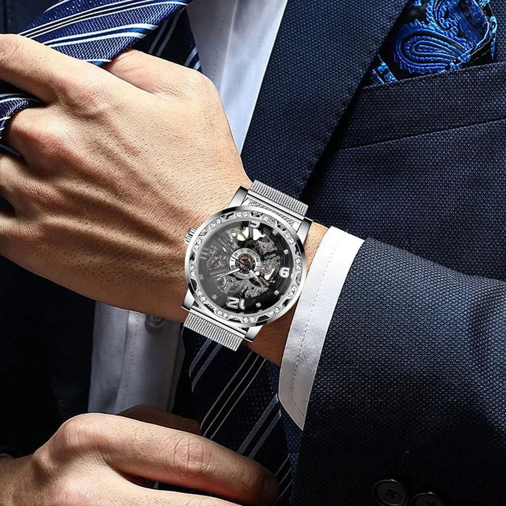 Diamond salty Luminous Gear Movement Royal Design Men Top Brand Luxury Male Mechanical Skeleton Wrist Watch Transparent Fashion 