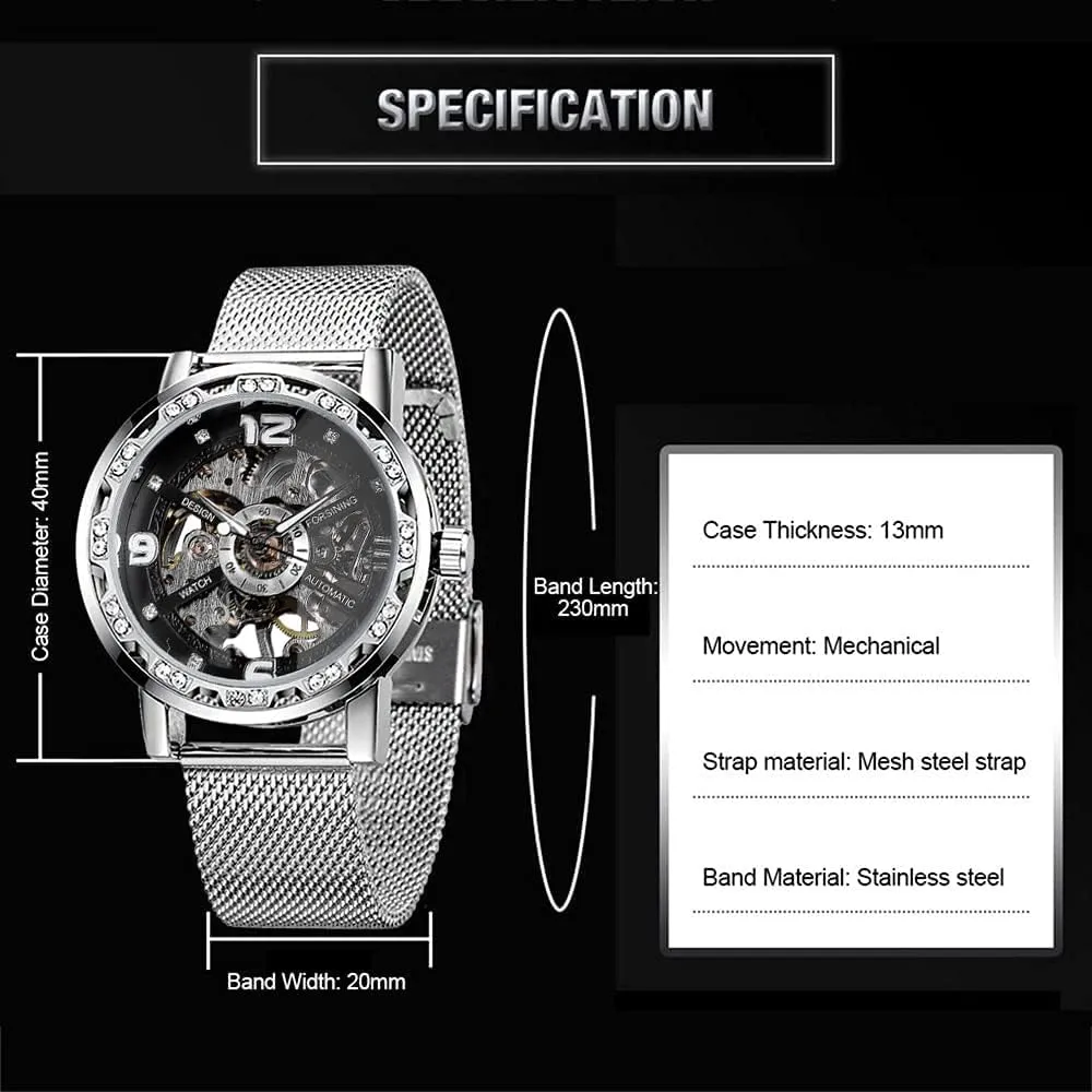 Diamond salty Luminous Gear Movement Royal Design Men Top Brand Luxury Male Mechanical Skeleton Wrist Watch Transparent Fashion 