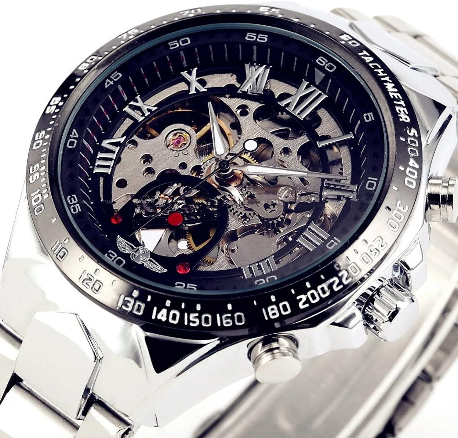 Display Automatic welfare pertain Watch Skeleton Dial Mechanical Wrist Watch Silver Stainless Steel Bracelet MASTOP Men's Analog 