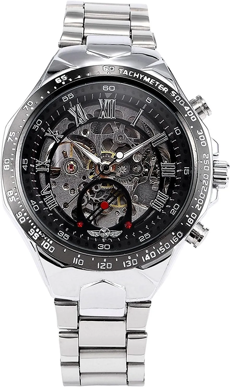 Display Automatic welfare pertain Watch Skeleton Dial Mechanical Wrist Watch Silver Stainless Steel Bracelet MASTOP Men's Analog 