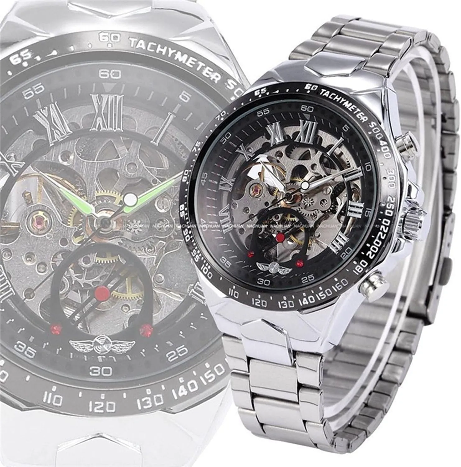 Display Automatic welfare pertain Watch Skeleton Dial Mechanical Wrist Watch Silver Stainless Steel Bracelet MASTOP Men's Analog 