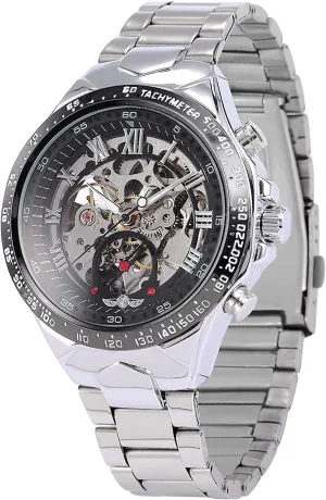 Display Automatic welfare pertain Watch Skeleton Dial Mechanical Wrist Watch Silver Stainless Steel Bracelet MASTOP Men's Analog 