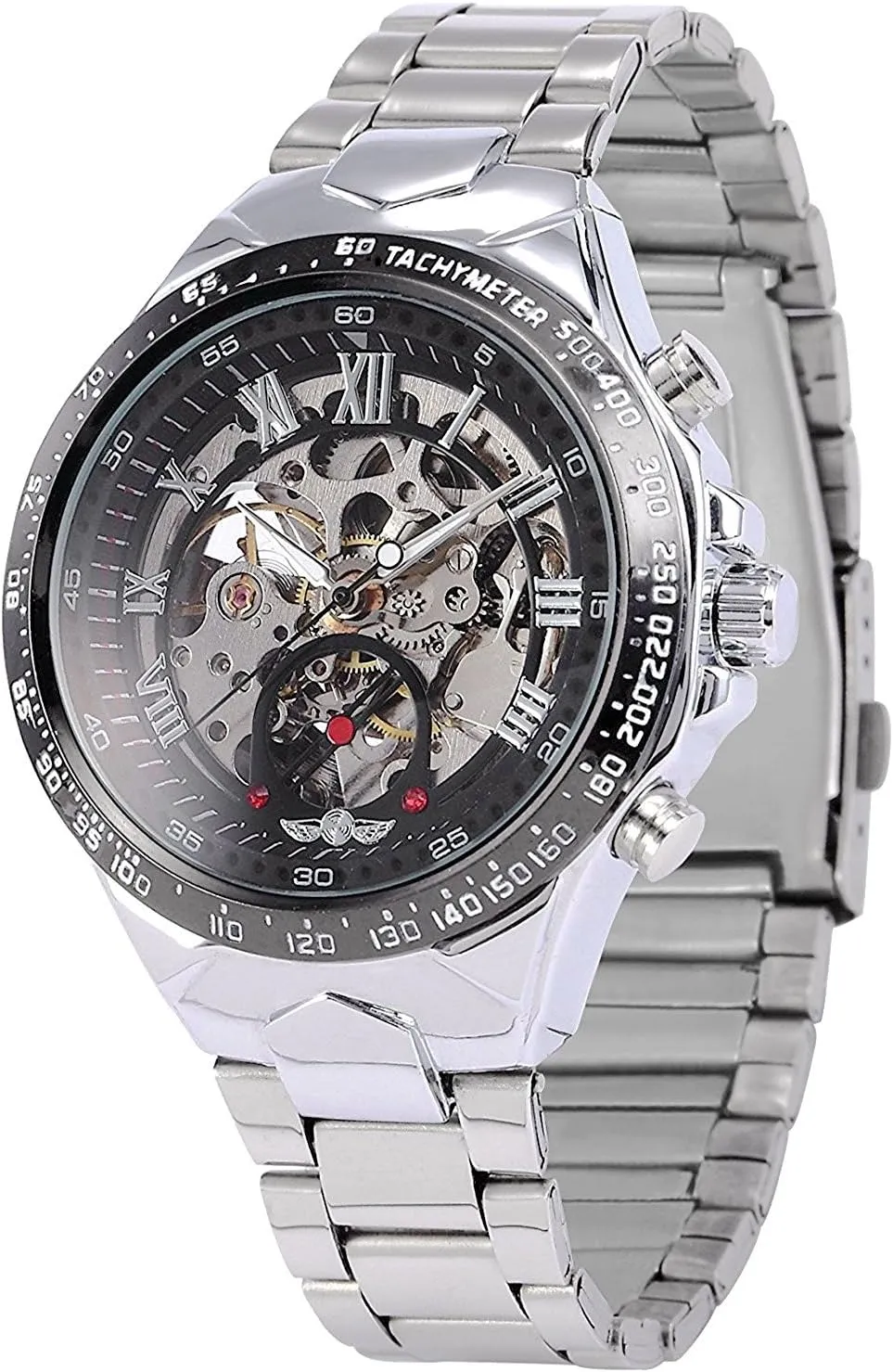Display Automatic welfare pertain Watch Skeleton Dial Mechanical Wrist Watch Silver Stainless Steel Bracelet MASTOP Men's Analog 