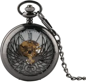 Display Pin Chain Retro Clock Art Collectibles VSULZVNU Antique Black/Bronze Hollow Phoenix Carving Mechanical Pocket Watch Roman ambidextrous stain cater scraping empirical Numeral 