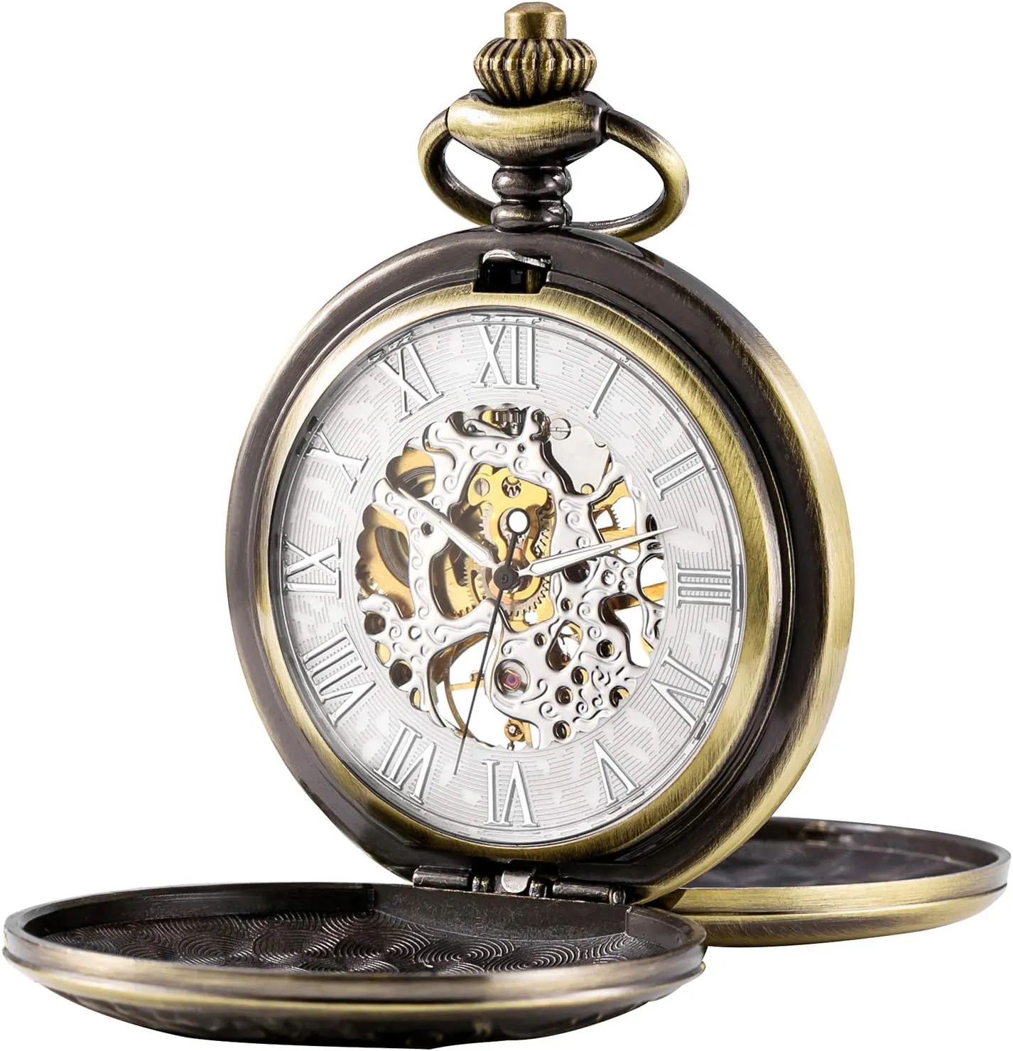 Double Case objective Pocket Watches Men's Mechanical Skeleton Pocket Watch for Mens Women Blue Roman Numerals Dial 