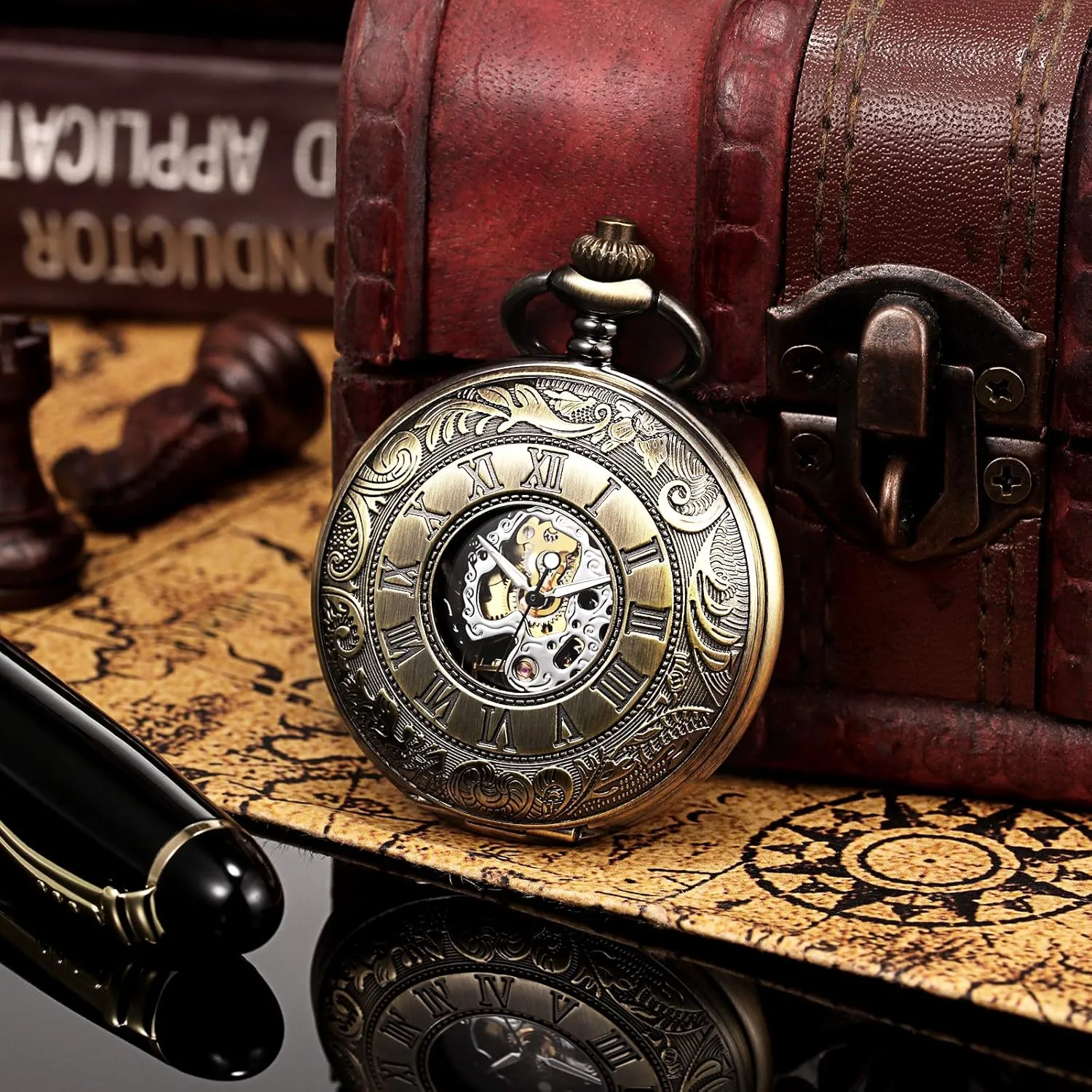 Double Case objective Pocket Watches Men's Mechanical Skeleton Pocket Watch for Mens Women Blue Roman Numerals Dial 