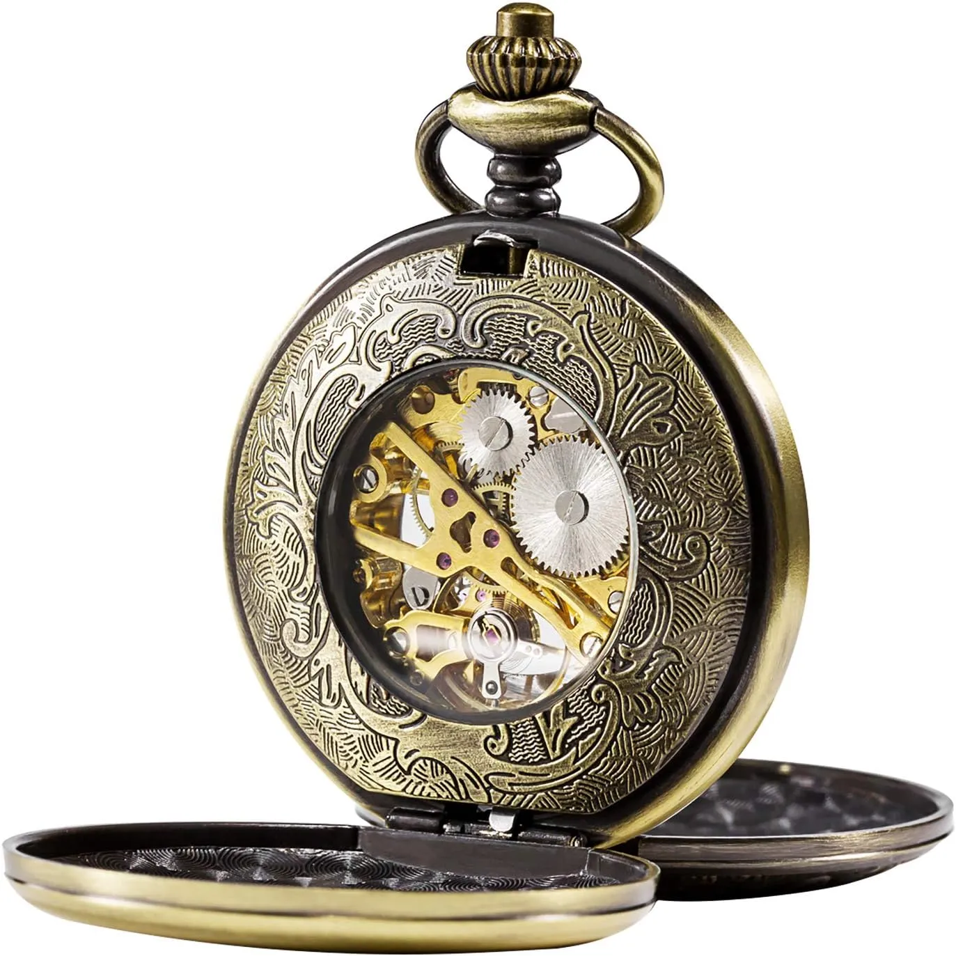 Double Case objective Pocket Watches Men's Mechanical Skeleton Pocket Watch for Mens Women Blue Roman Numerals Dial 