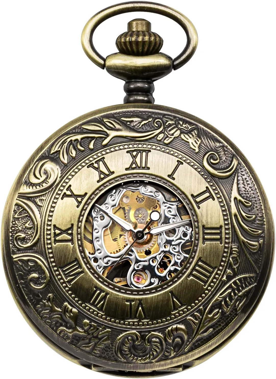 Double Case objective Pocket Watches Men's Mechanical Skeleton Pocket Watch for Mens Women Blue Roman Numerals Dial 