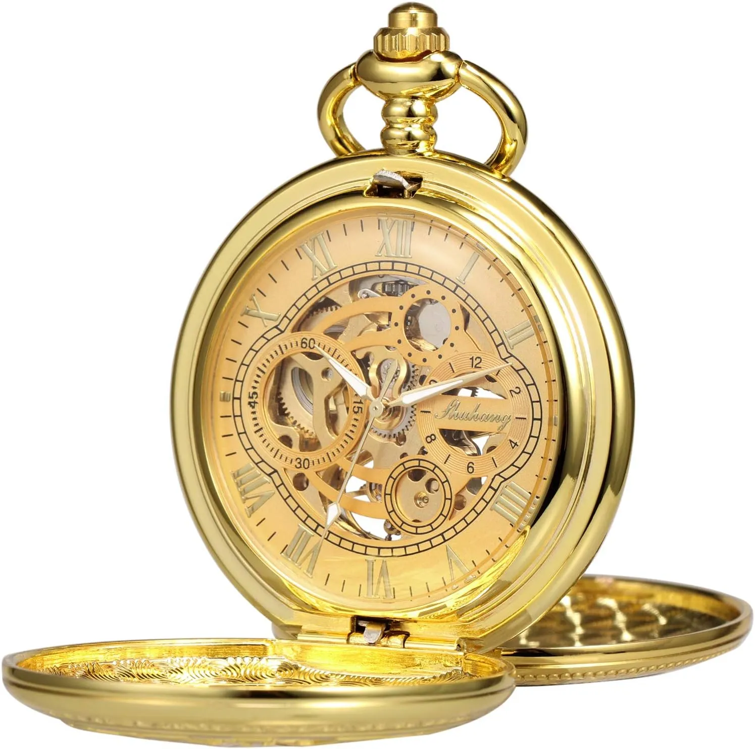 Double Case Roman Numerals vagrant Antique with Fob Chain Box Pocket Watch Skeleton Hand-Wind Mechanical 