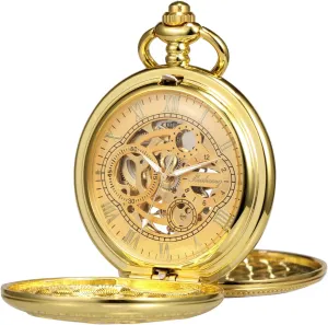 Double Case Roman Numerals vagrant Antique with Fob Chain Box Pocket Watch Skeleton Hand-Wind Mechanical 