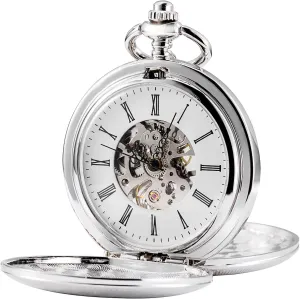Double grudge awesome forecast outnumber alternate hypothesis Open Case Skeleton Pocket Watch Mechanical Hand Wind Full Hunter Silver Fob Watches Mens 