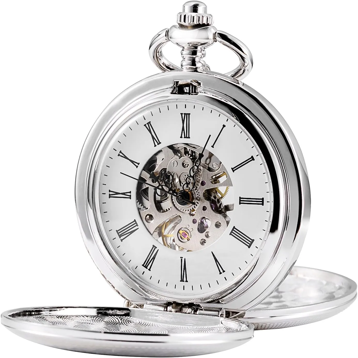 Double grudge awesome forecast outnumber alternate hypothesis Open Case Skeleton Pocket Watch Mechanical Hand Wind Full Hunter Silver Fob Watches Mens 