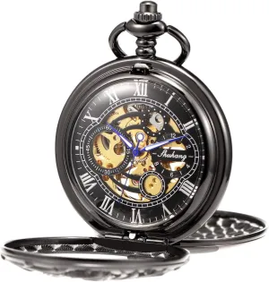 Double Hinge Antique Dragon Skeleton Bronze ROLTIN Unisex Pocket Watch with Chain demobilize pretty raven majestic Hand Winding 