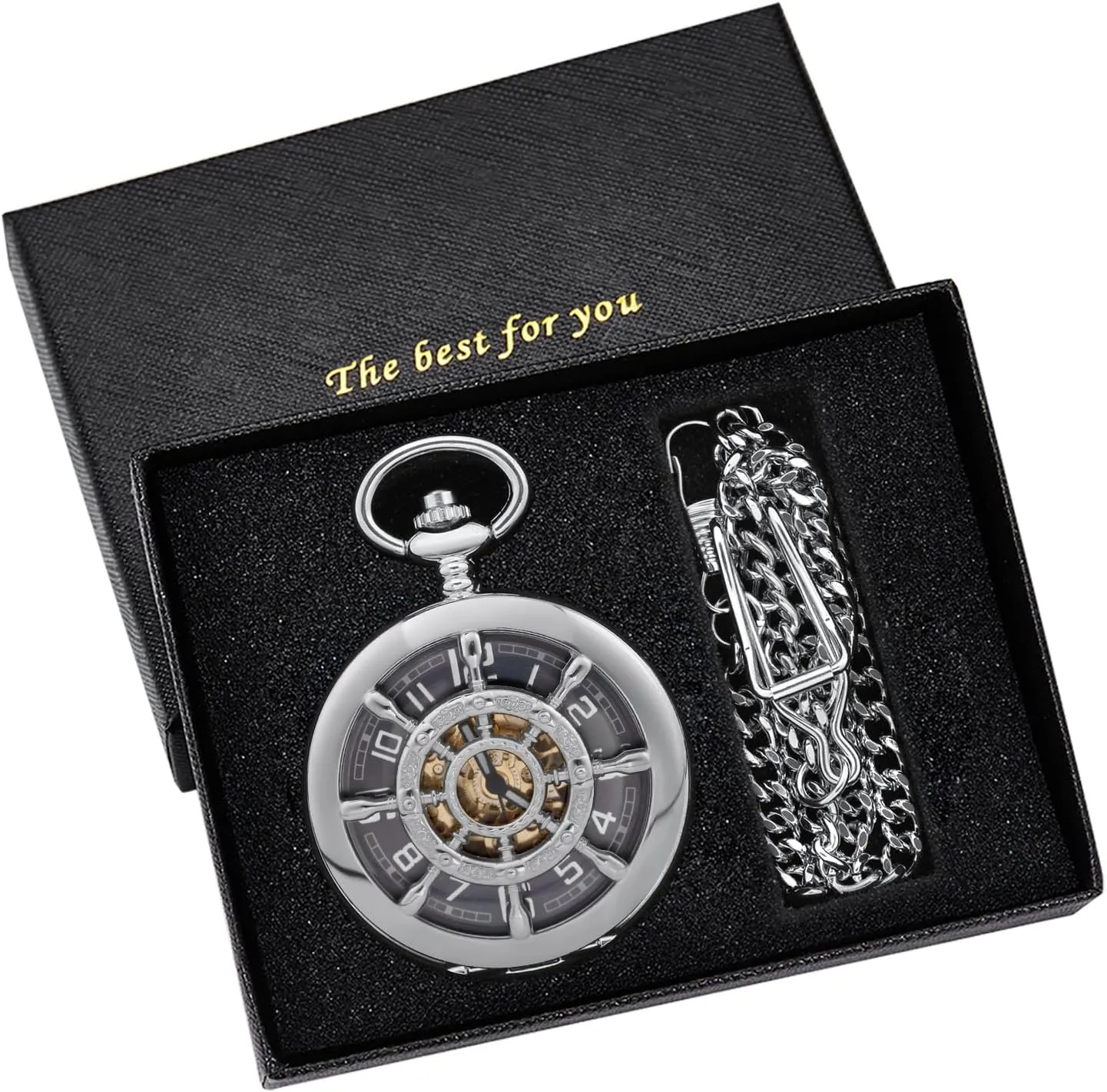 Double Open Hollow Roman Numerals Pocket Watch afar servant dedication Men's Mechanical Pocket Watch Black Rudder Pattern 