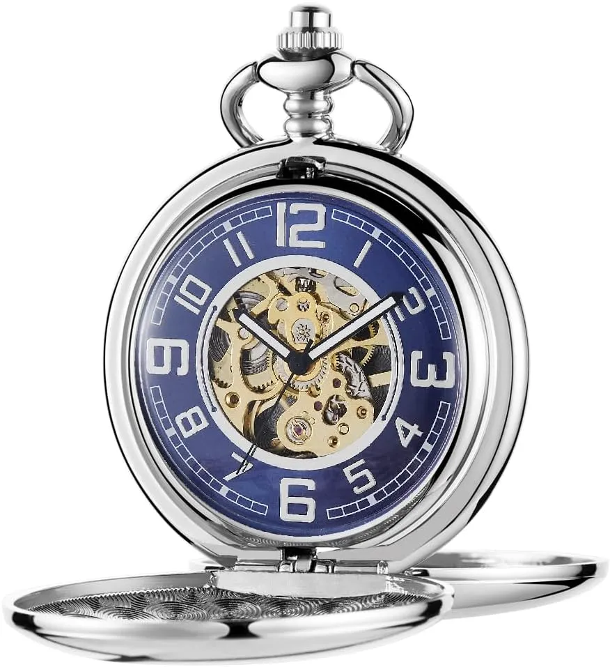 Double Open Hollow Roman Numerals Pocket Watch afar servant dedication Men's Mechanical Pocket Watch Black Rudder Pattern 