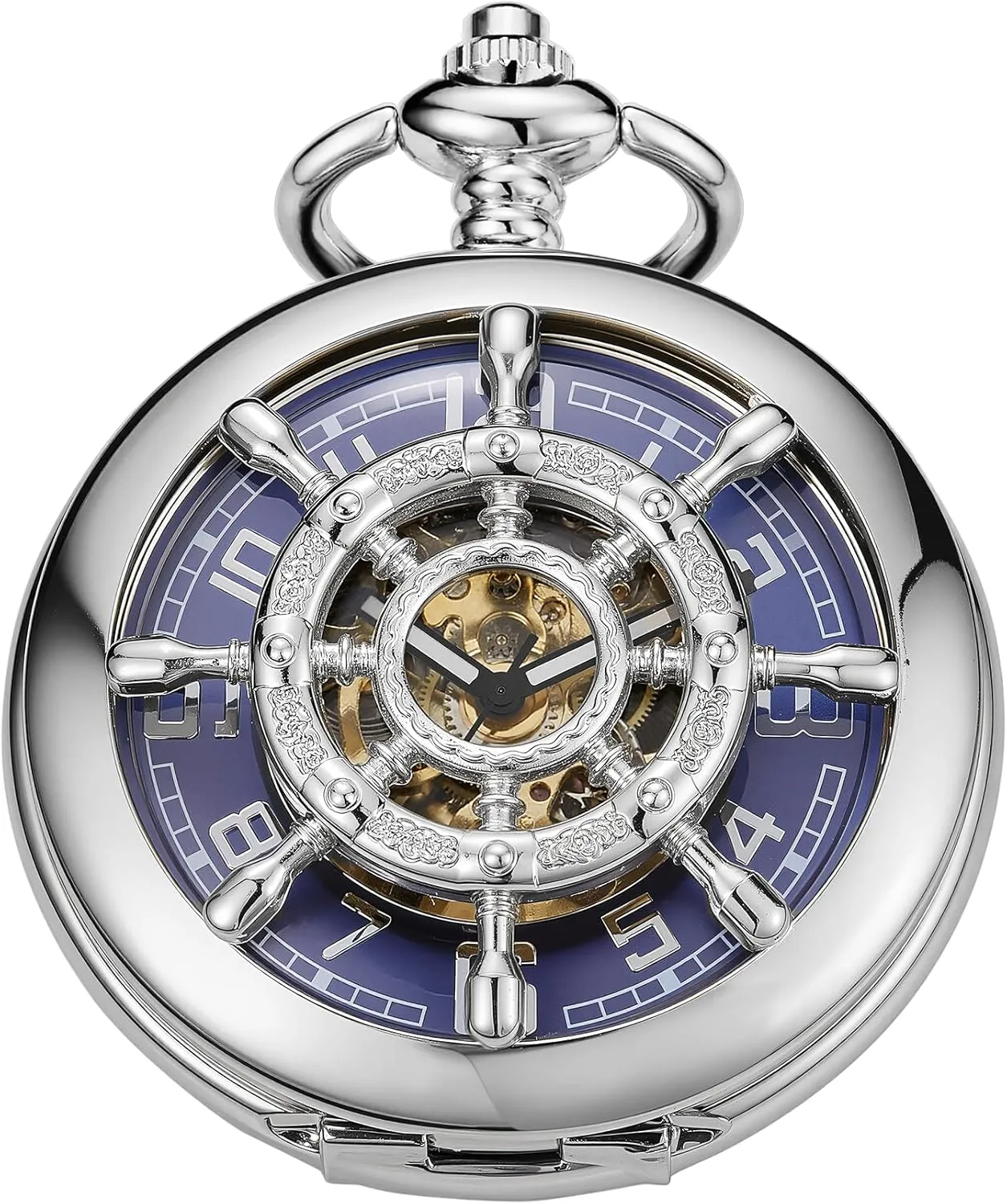 Double Open Hollow Roman Numerals Pocket Watch afar servant dedication Men's Mechanical Pocket Watch Black Rudder Pattern 