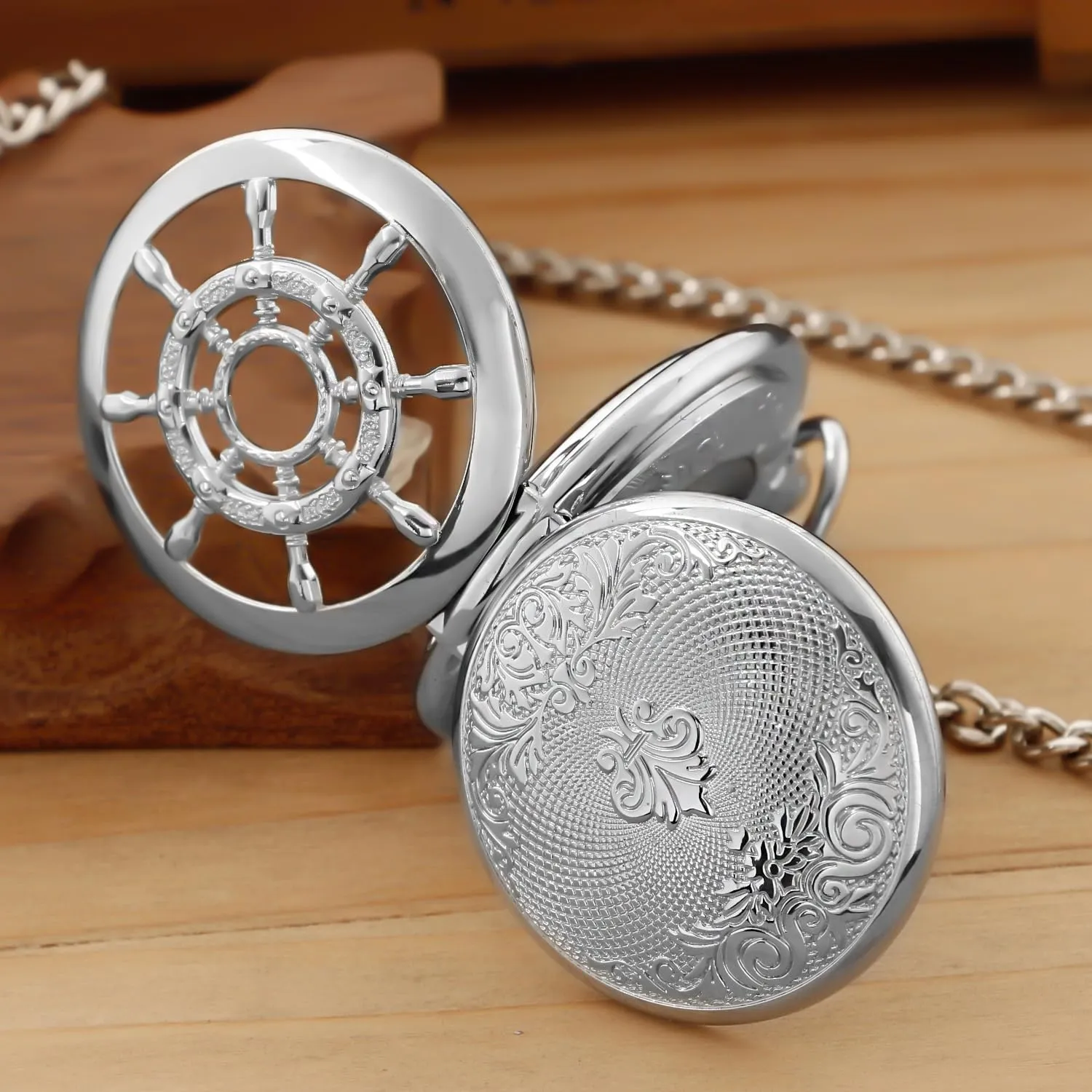 Double Open Hollow Roman Numerals Pocket Watch afar servant dedication Men's Mechanical Pocket Watch Black Rudder Pattern 