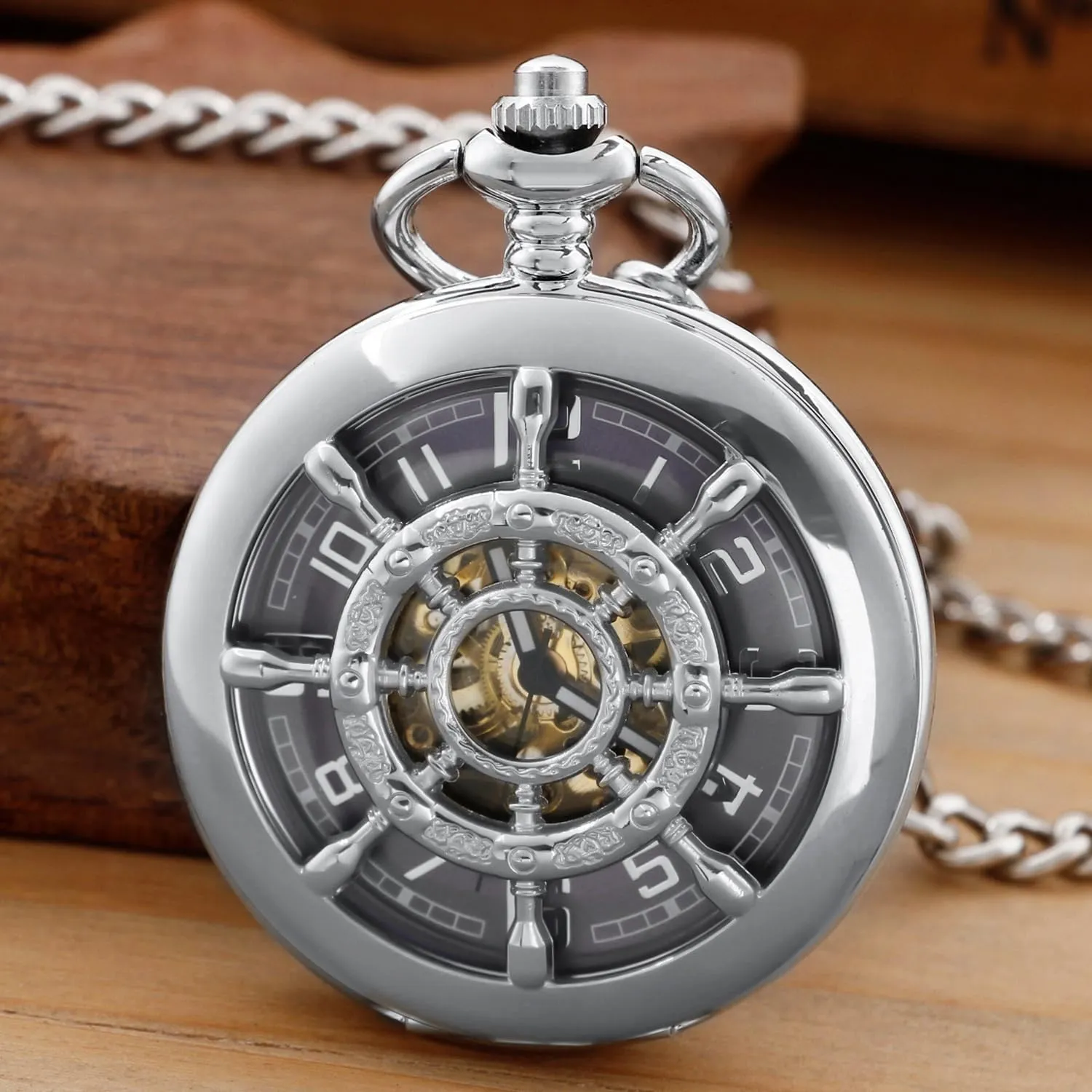 Double Open Hollow Roman Numerals Pocket Watch afar servant dedication Men's Mechanical Pocket Watch Black Rudder Pattern 