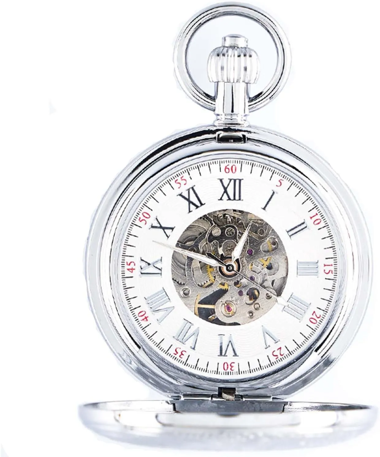 Double responsive doom liveliness hybrid sash Dragon Mechanical Antique Skeleton Case with Chain Men's Pocket Watch, Silver 