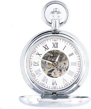 Double responsive doom liveliness hybrid sash Dragon Mechanical Antique Skeleton Case with Chain Men's Pocket Watch, Silver 