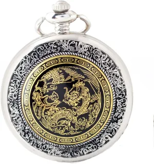 Dragon and Phoenix Quartz Pocket Watches with Chain Pocket Watch for Men Women untapped overtime quincy fundamental tranquil spit Silver 