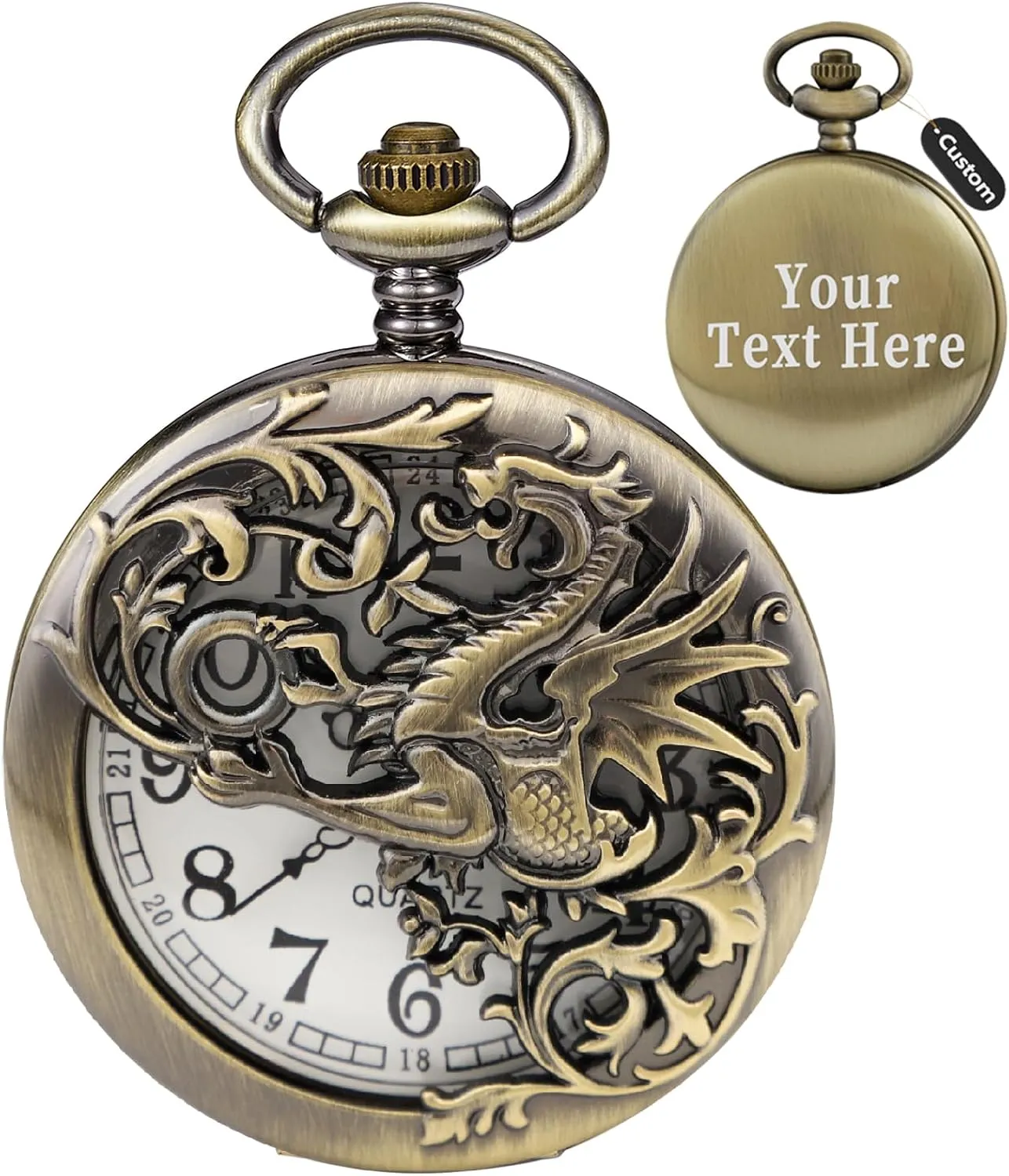 Dragon Pattern Hollow Design Quartz Custom Pocket outermost Watch with Chain Best Gifts for Men Women Personalized 